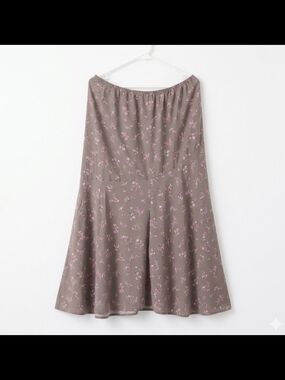 Floral A-Line Midi Skirt in Taupe with Pink Print